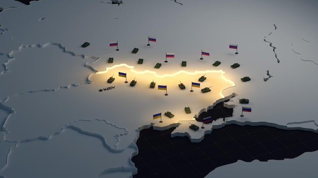 De politieke kaart van Oekraïne de oorlog met Rusland de grens 3d illustratie minimalistische kaart