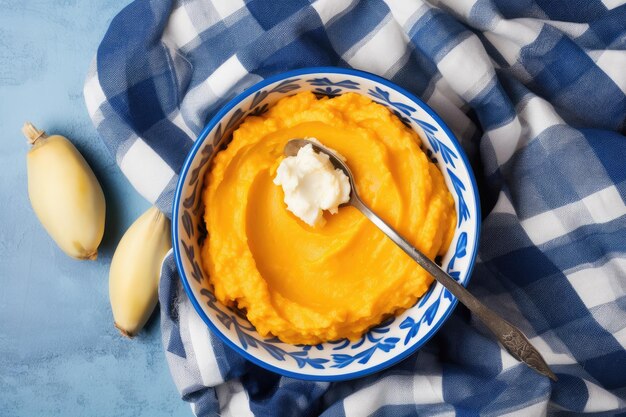 De pompoenpuree van het de herfstbakselingrediënt in witte kom met blauw en wit gestreept textiel en witte s