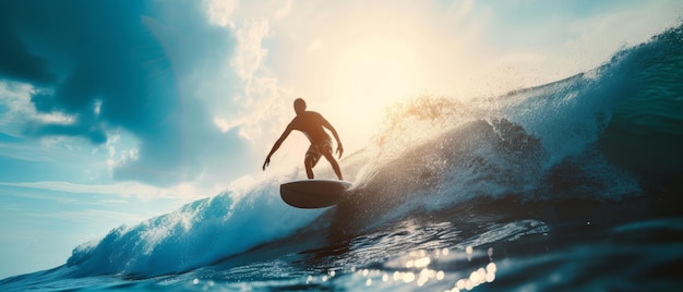 De pracht van surfen Het silhouet van een surfer op een golf bij zonsondergang belichaamt vrijheid en avontuur