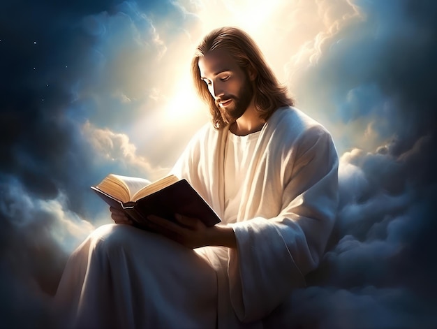 De prachtige Jezus Christus die de Heilige Bijbel leest in de hemel Bijbelse achtergrond
