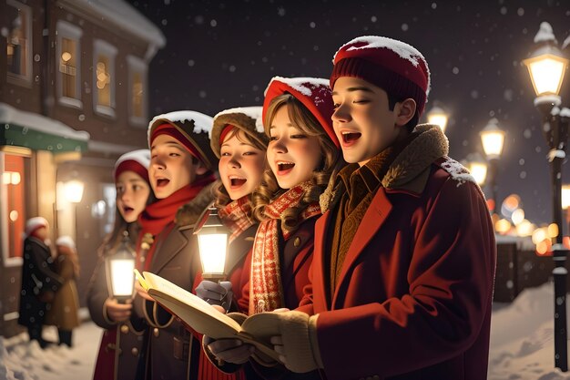 Foto de prachtige kerst sfeer met de sommige van kerstmeisjes die kerstliedjes zingen