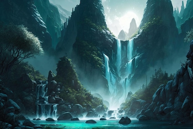De prachtige majestueuze watervallen, bergen, watervallen en staar
