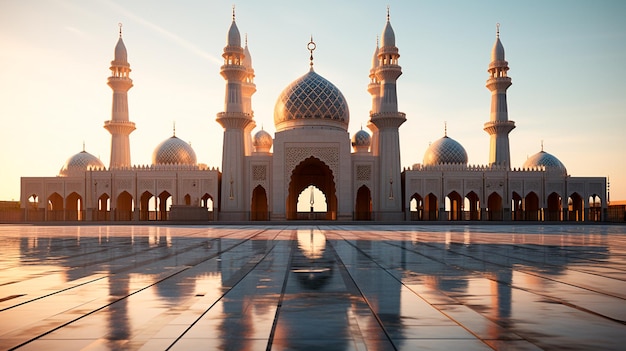 de prachtige moskee van abu dhabi bij zonsondergang