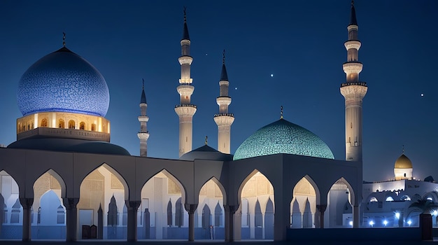 de prachtige serene moskee 's nachts in de gezegende maand ramadan de verlichte