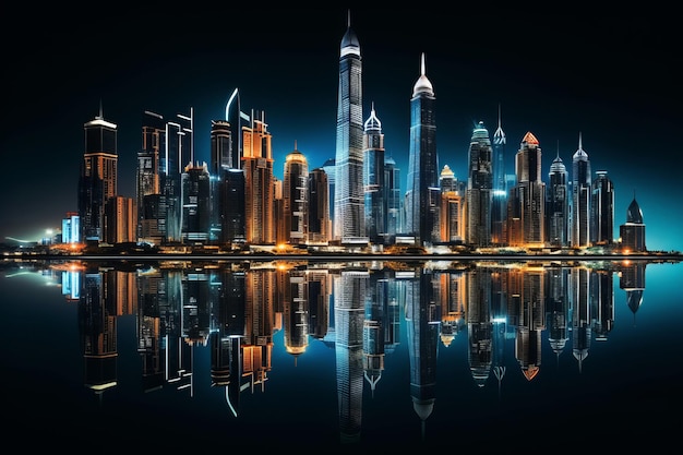 De prachtige skyline van Dubai met wolkenkrabbers en Palm Island's nachts