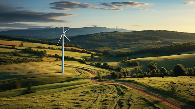 De prachtige zonsondergang over groene velden en windturbines Innovatief alternatief energieconcept Generatieve AI