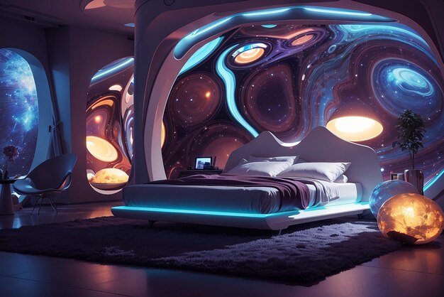 Foto de psychedelische cocon creëert een futuristische slaapkamer met geestveranderende verlichting