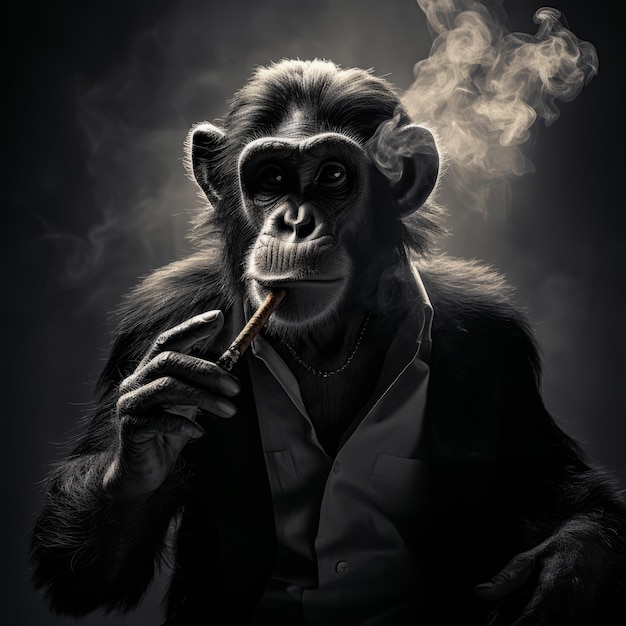 De raadselachtige primate Een boeiende opname van een zwart-witte aap die op een sigaar blaast