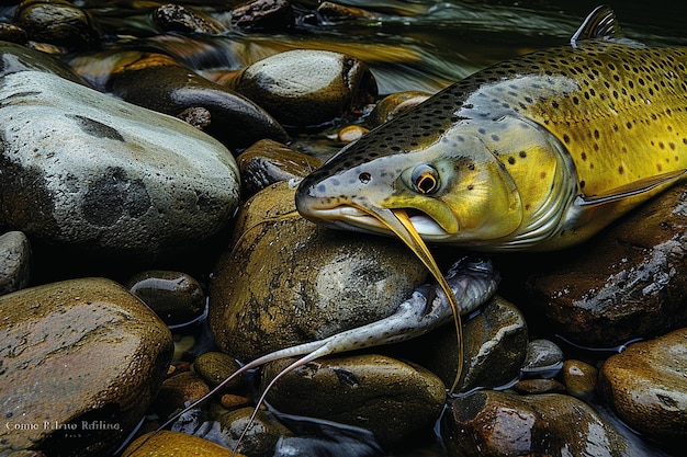 De raadselachtige wittevis verbergt zich tussen de rotsen van de rivier