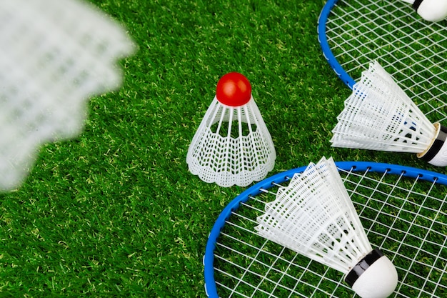 De rackets en de shuttle van het badminton op gras