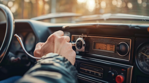 De radio afstemmen in een auto met een hand van een man.