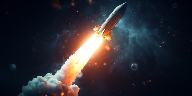 Foto de raket wordt in de ruimte gelanceerd raket ruimteschip kopieer ruimte voor tekst of mockup