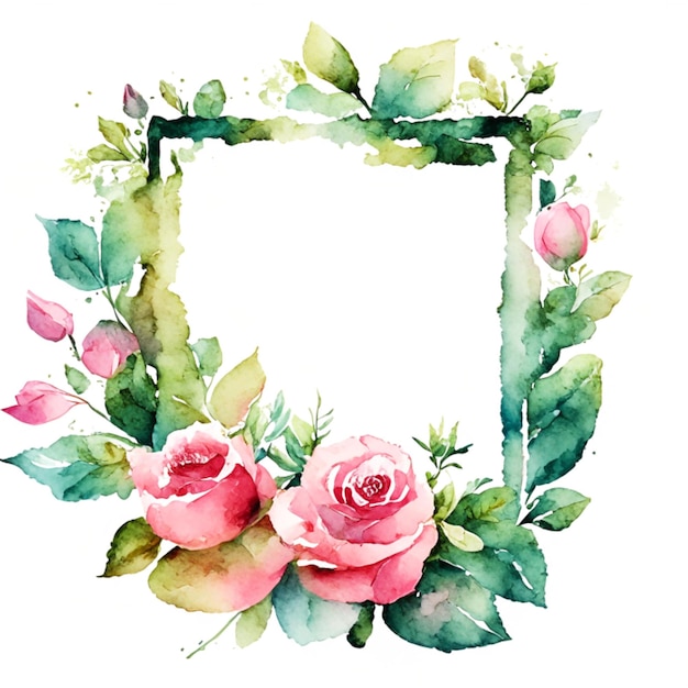 De rand is een illustratie van een huwelijksgroet van rozen en groene bladeren. Generatieve AI