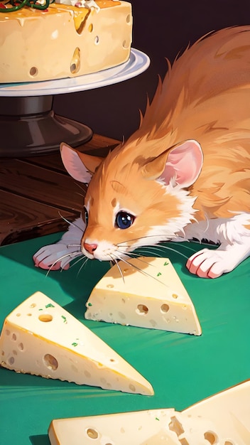 De rat eet kaas op de tafel in de keuken