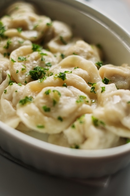 De raviolibollen van de plaatwinter schotelen traditionele Russische zalmlunch