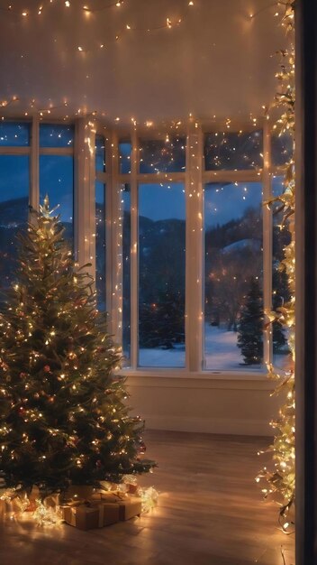 De reflectie in het raam met kerstverlichting.