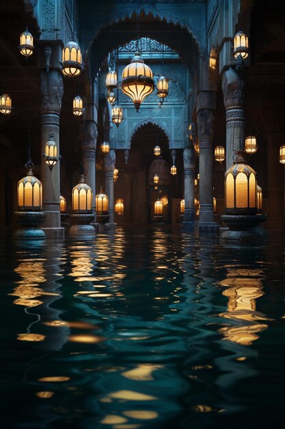 de reflecties van Ramadan lantaarns in het water