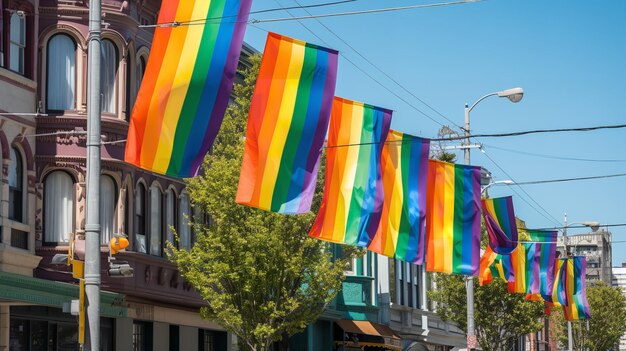 De regenboog ontvouwde zich in levendige straatbanners