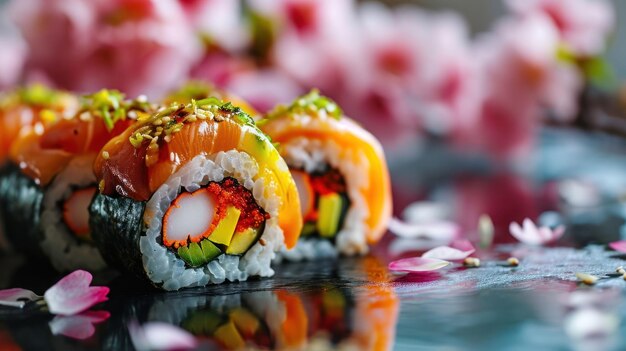 De regenboog rolt tegen de achtergrond van een sakura kersenbloesemboom