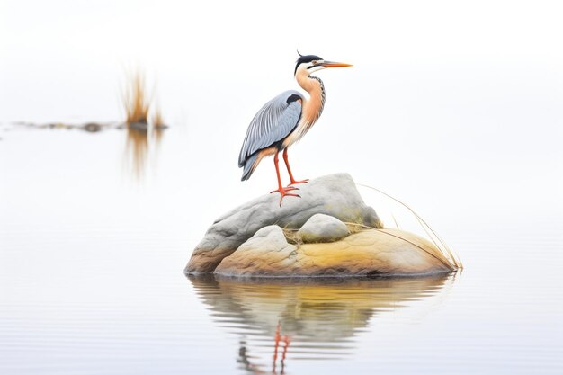 De reiger zit op een rots in het midden van de rivier.