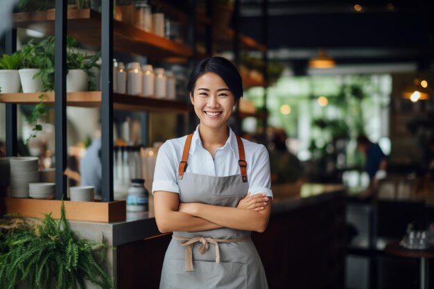 De reis van een ondernemer Een gelukkige Aziatische vrouw doet een sprong om een trendy coffeeshop te openen