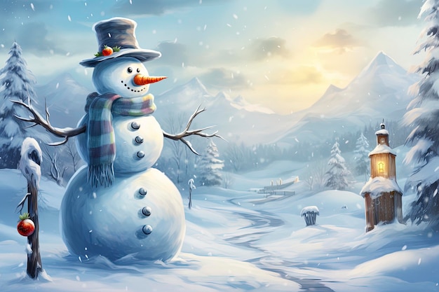 De reis van een sneeuwpop door een winterlandschap met lichte achtergrondgeluiden