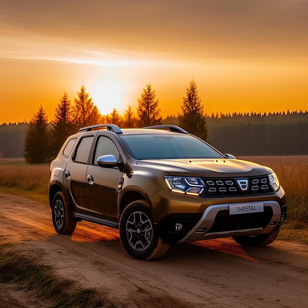 de renault terrax suv geparkeerd op een onverharde weg voor een bos bij zonsondergang met een oranje hemelachtergrond