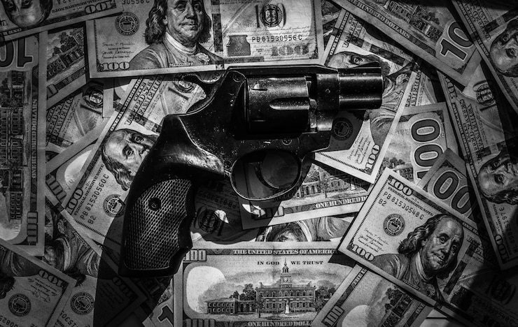 Foto de revolver ligt op honderd-dollarbiljetten