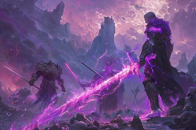De ridder is omringd door afschuwelijke monsters de ridder draagt een zwaard van paars licht