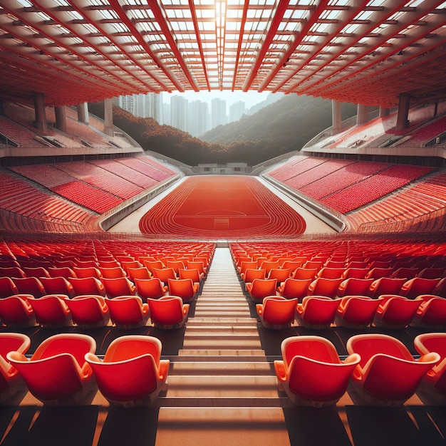 De rijen van lege rode kleur plastic stadion zitplaatsen op het terras