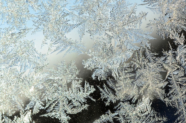 De rijpmacro van de sneeuwvlokkenvorst op de achtergrond van het vensterglas