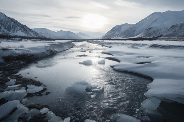 De rivier bevroren in zijn ijzige perfectie met het altijd veranderende landschap van de winter