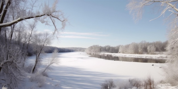 De rivier is in de winter bevroren en de bomen zijn bedekt met sneeuw.