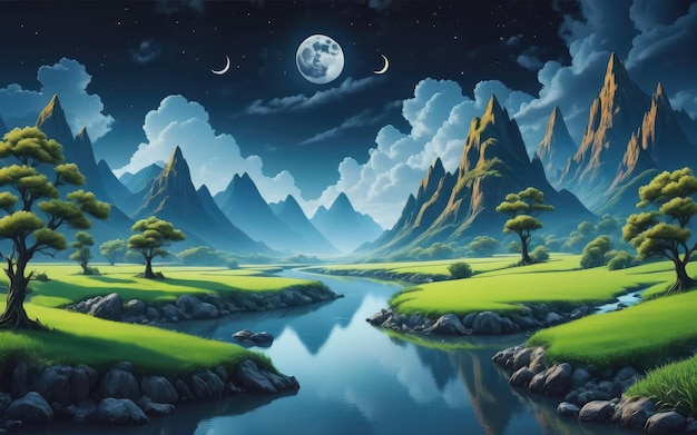 De rivier met de maan bizarre landschapsachtergrond