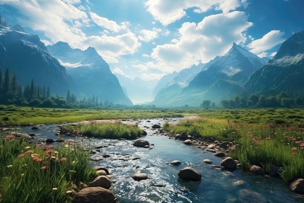 De rivier stroomt door een weelderige groene vallei met een achtergrond van bergen Indiase landschap Het water is kristalhelder