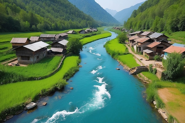 De rivieren stromen heel mooi. De rivieren hebben een prachtig uitzicht bij de huizen en de rivieren.