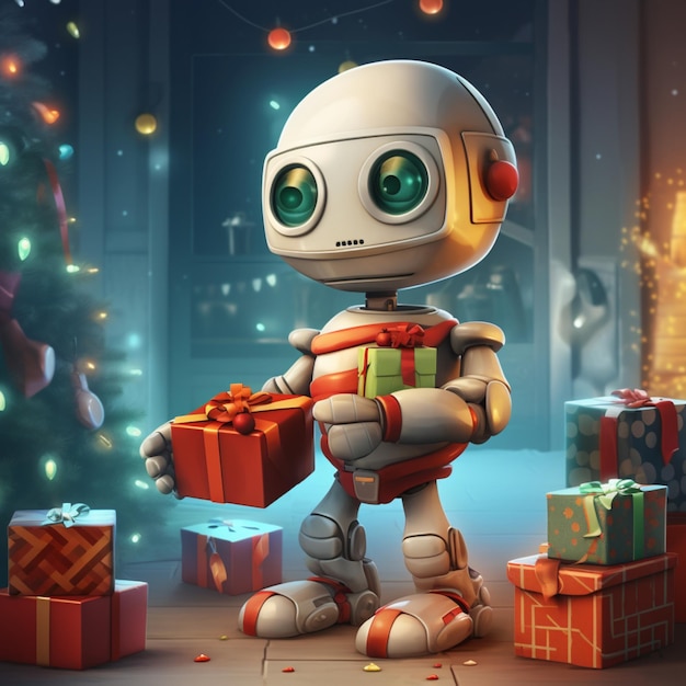 Foto de robot geeft een geschenk in een rode doos met een strik nieuwjaar kerstmis illustratie ai generatie