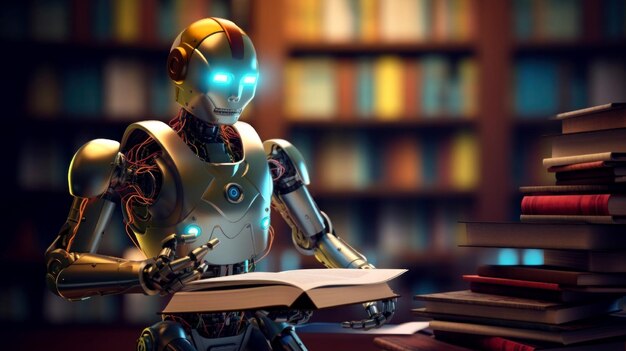 De robot leest een boek Technologieën van toekomstige robots De robot cyborg werkt Toekomst