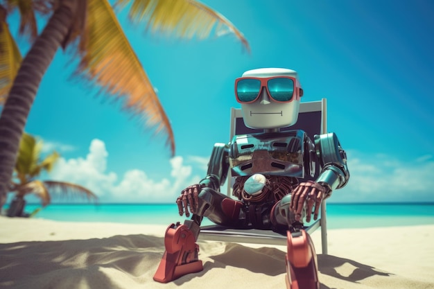 Foto de robot rust op een chaise longue de robot zonnebadert op een zonnig strand bij de zee animatie