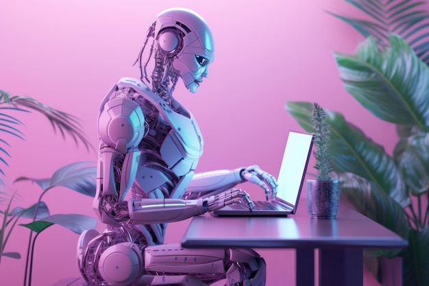De robot zit aan tafel Gpt Chat neon achtergrond kunstmatige intelligentie geavanceerde technologie