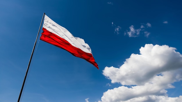 De rode en witte vlag van Polen wappert in het windpanorama