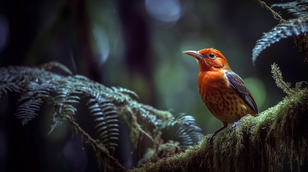 De rode fody Seychellen zittend op het gras met groene achtergrond Een rode wever