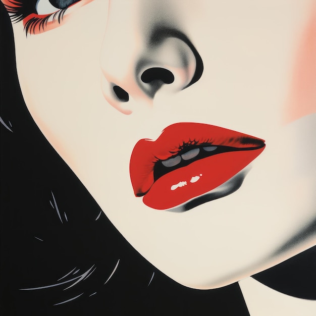 De rode lippen van Martin Elliott in olieverf en mixed media vangen de essentie van de stijl van Richard Phillips, met elementen van zeefdruk en de invloed van Bruce Timm. het kunstwerk toont een blink-and-you-miss-i