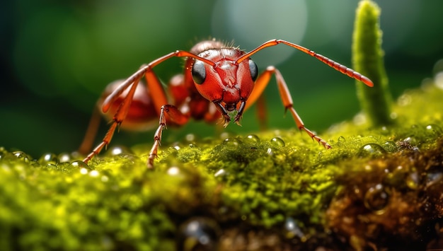 De rode mier zoekt voedsel op groene takken.