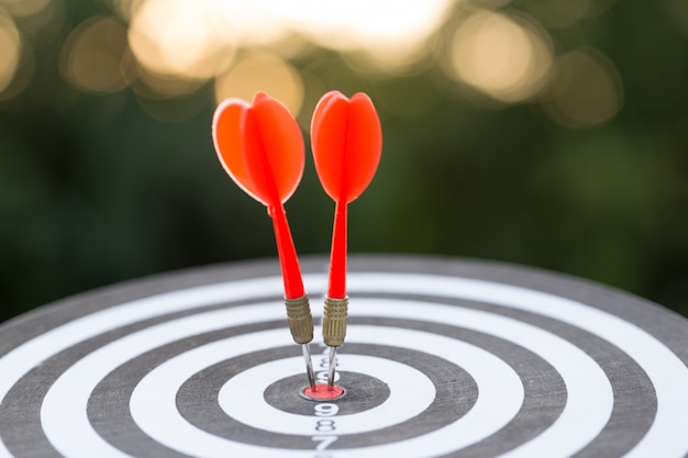 De rode pijl die van het pijltjesdoel op bullseye raken met, Marketing van het doel en bedrijfs succesconcept