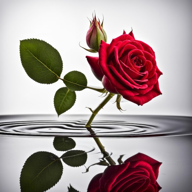 De rode roos wordt weerspiegeld op een witte achtergrond