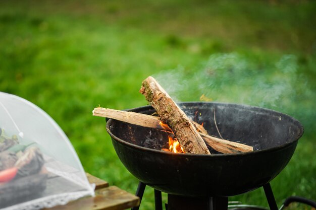 De rokende komfoor van een ronde vorm Brandhout laait op in de komfoor tegen de achtergrond van groen gras Het concept van picknick ontspanning grillen