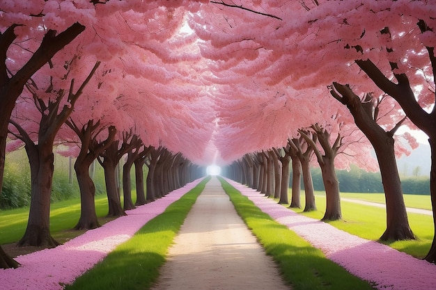 De romantische tunnel van roze bloemenbomen