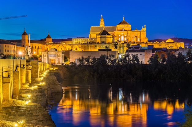 De romeinse brug over de rivier de guadalquivir en de moskee-kathedraal in cordoba, spanje