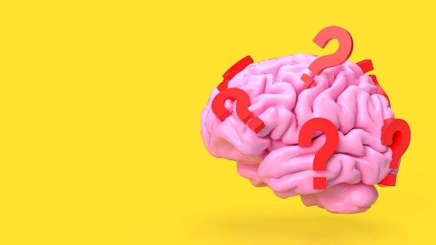 De roze Brain en het rode vraagteken voor sci of onderwijsconcept 3D-rendering